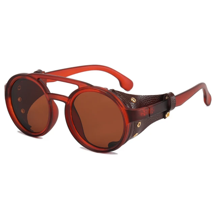 Cairo Unisex Retro Round Leather Shield UV400 Sunglasses