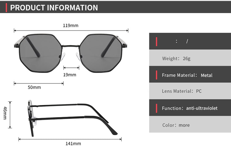 Rune Unisex UV400 Octagonal Metal Frame Sunglasses