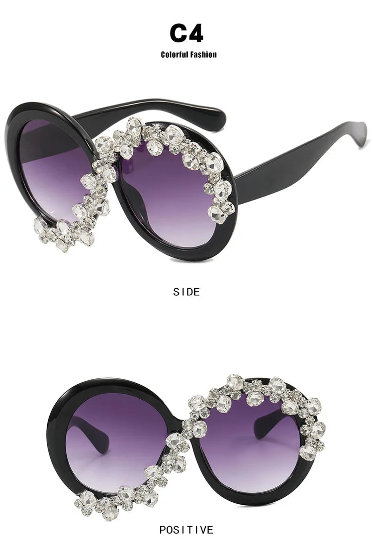 Cleo Oversized Rhinestone Round Frame UV400 Sunglasses