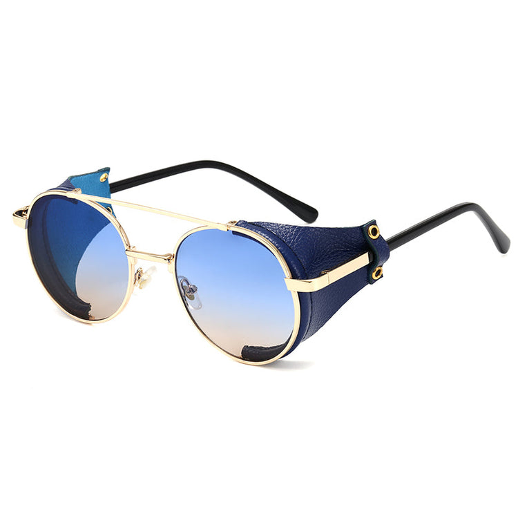 ALEX UNISEX RETRO ROUND GOGGLE STYLE UV 400 LEATHER FRAME SHADES