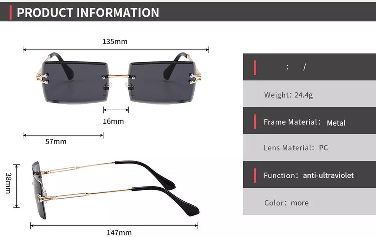 AMARI UNISEX TINTED UV 400 SMALL RIMLESS RECTANGLE FRAME SUNGLASSES