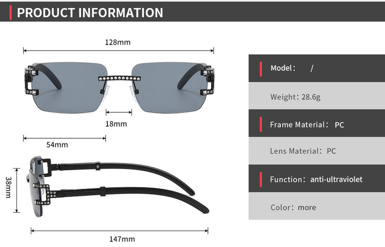 DEVAN UNISEX SMALL RIMLESS RECTANGLE UV400 RHINESTONE DETAIL SUNGLASSES