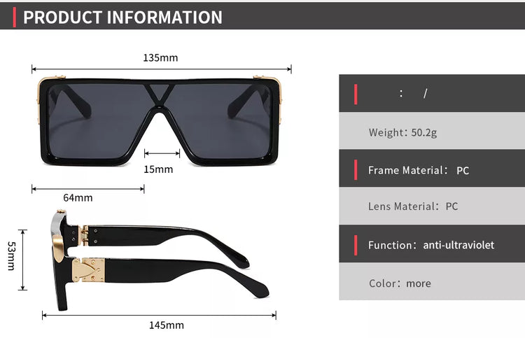 Shane Unisex Oversized UV400 Mono Lens Rectangular Frame Sunglasses