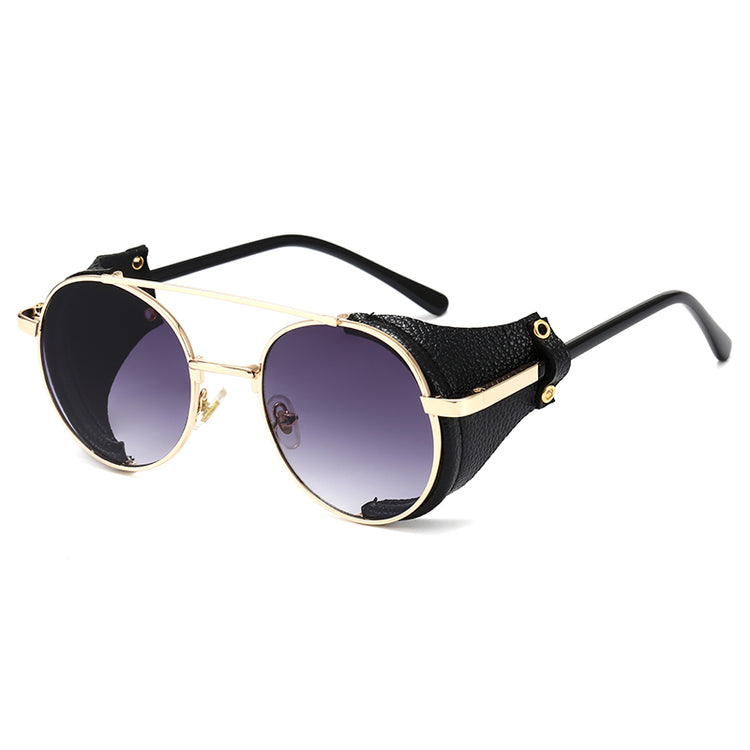 ALEX UNISEX RETRO ROUND GOGGLE STYLE UV 400 LEATHER FRAME SHADES
