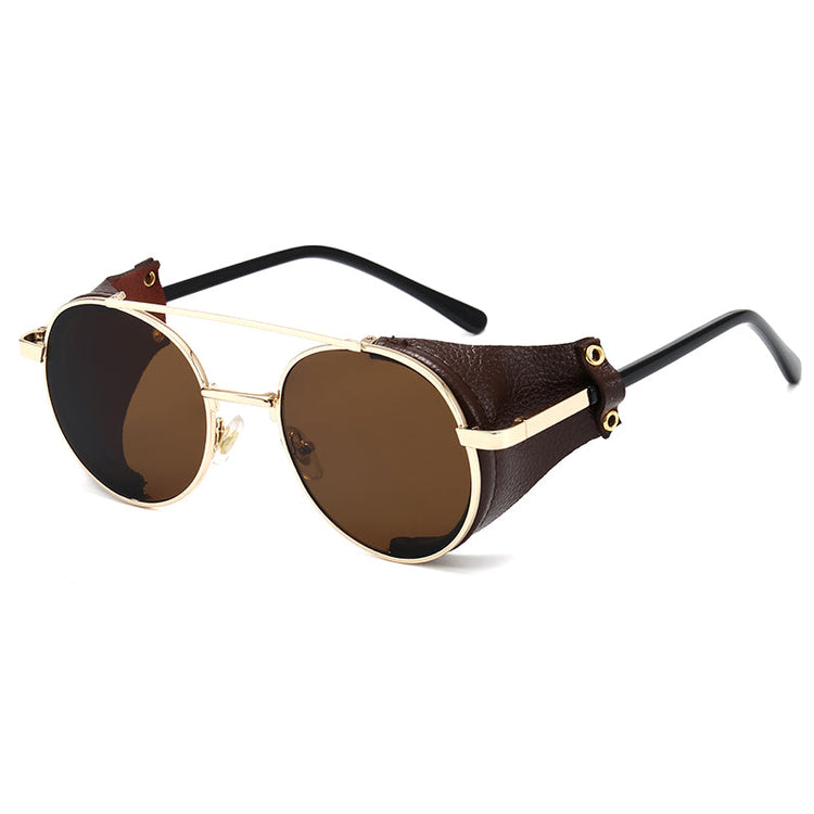 ALEX UNISEX RETRO ROUND GOGGLE STYLE UV 400 LEATHER FRAME SHADES