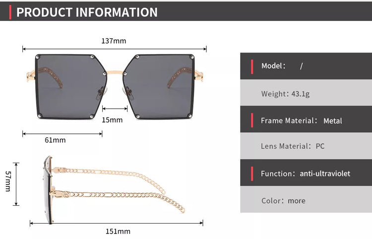 ABBY WOMEN'S UV400 SQUARE METAL FRAME CHAIN LINK SUNGLASSES