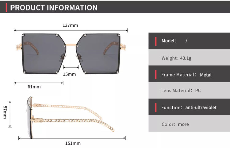 ABBY WOMEN'S UV400 SQUARE METAL FRAME CHAIN LINK SUNGLASSES