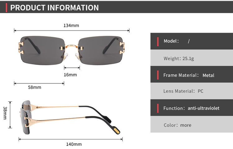 AMAR Unisex UV400 Metal Rimless Rectangle Frame Sunglasses