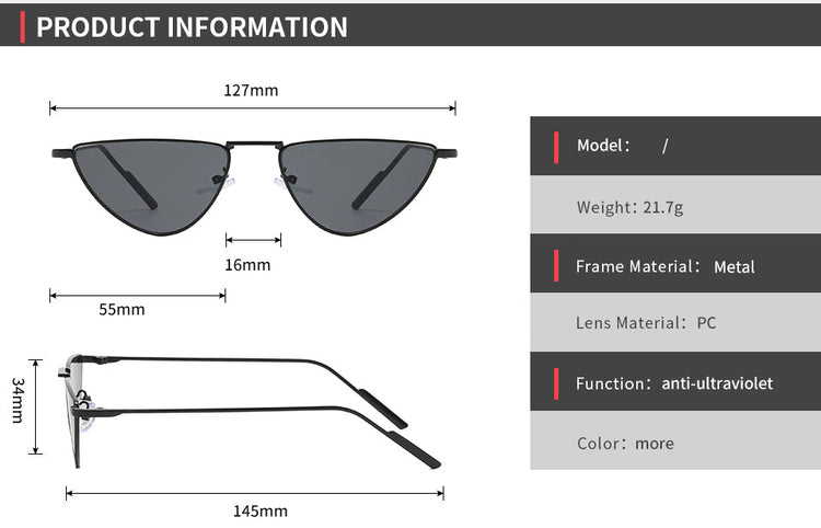 ANDREA WOMEN'S UV400 SMALL METAL TRIANGLE CAT EYE SUNGLASSES