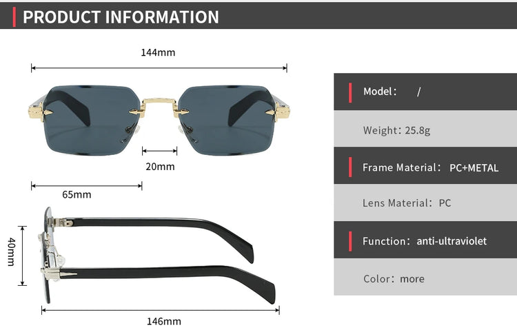 Aero Retro Rimless Square Frame Unisex UV400 Sunglasses