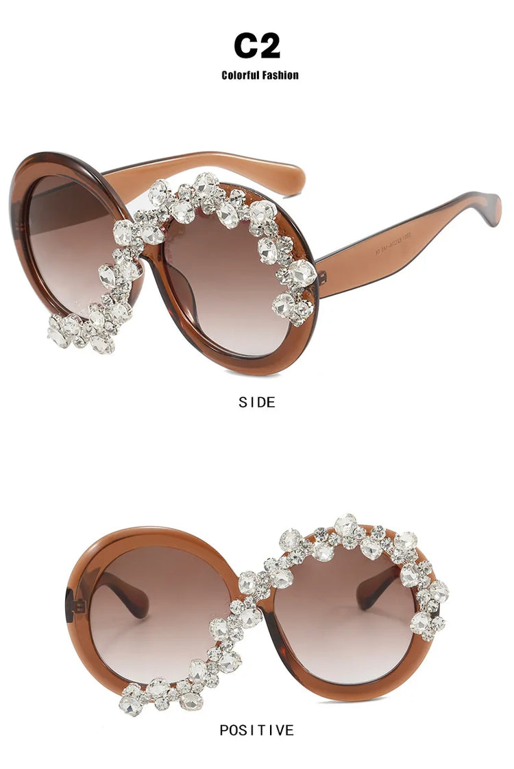 Cleo Oversized Rhinestone Round Frame UV400 Sunglasses