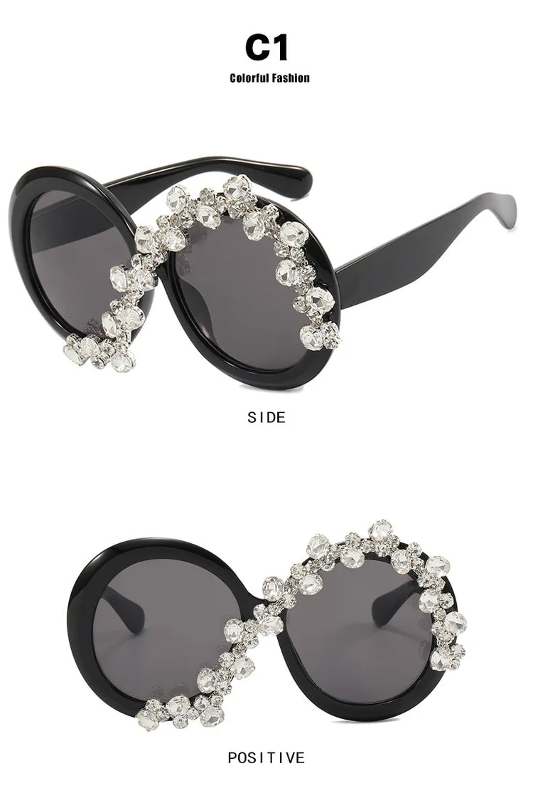 Cleo Oversized Rhinestone Round Frame UV400 Sunglasses