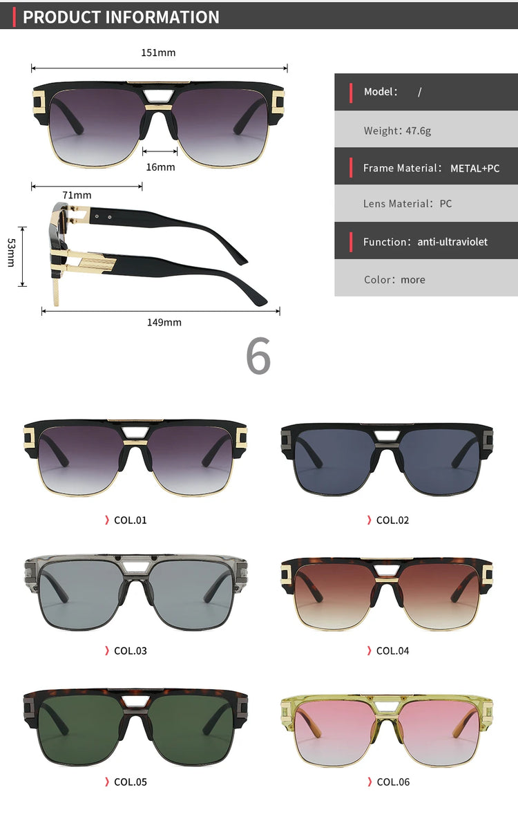 Vibe Men's Retro Classic Square Pilot Flat Top UV400 Sunglasses