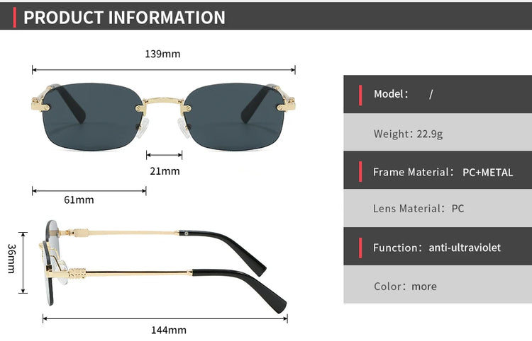 Vertex Rimless Rectangle Frame Unisex UV400 Sunglasses