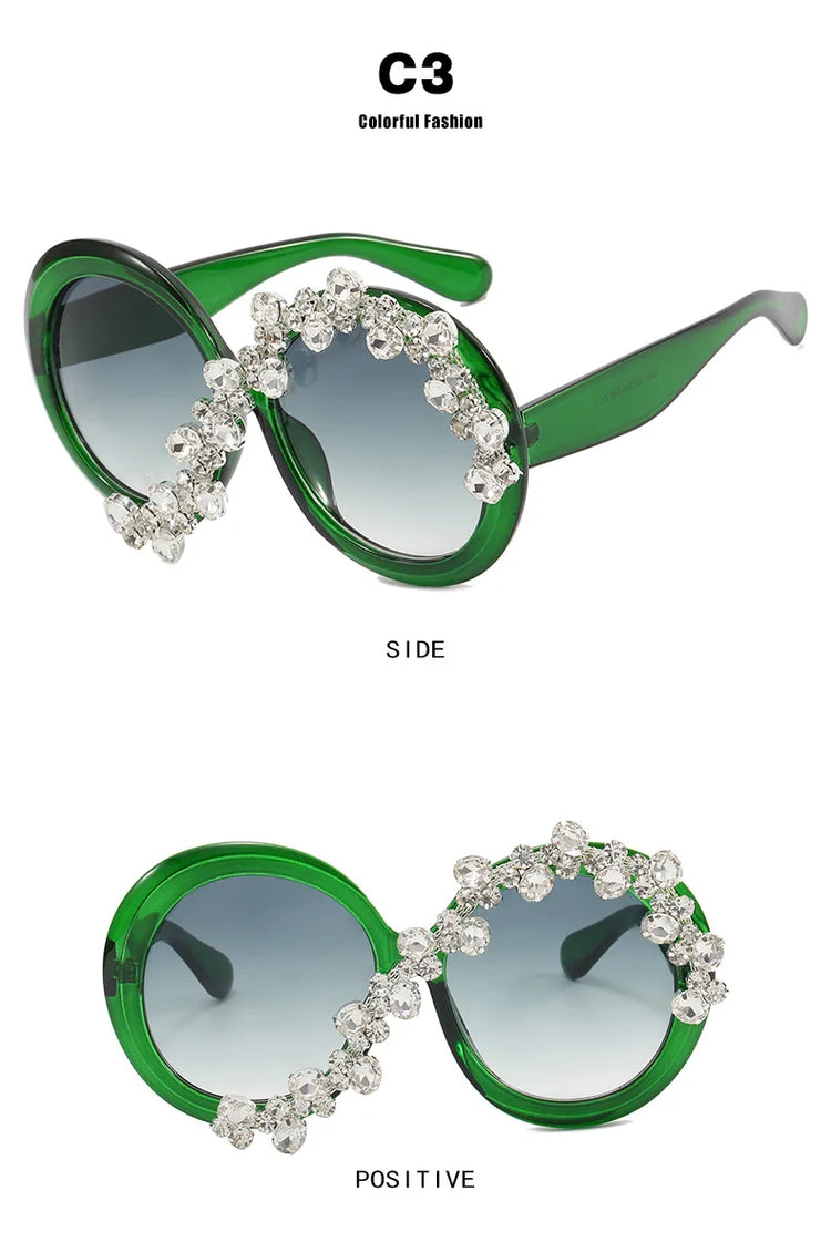 Cleo Oversized Rhinestone Round Frame UV400 Sunglasses