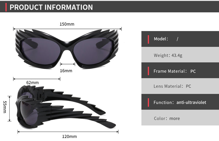 Suri Oversized UV400 Unisex Spike Frame Rectangle Sport Sunglasses