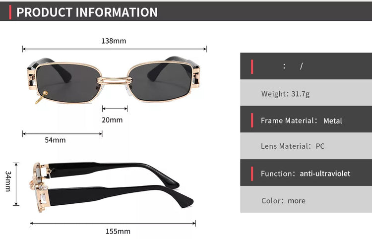 SHANI SMALL UNISEX UV400 PIERCED RECTANGLE METAL FRAME SUNGLASSES